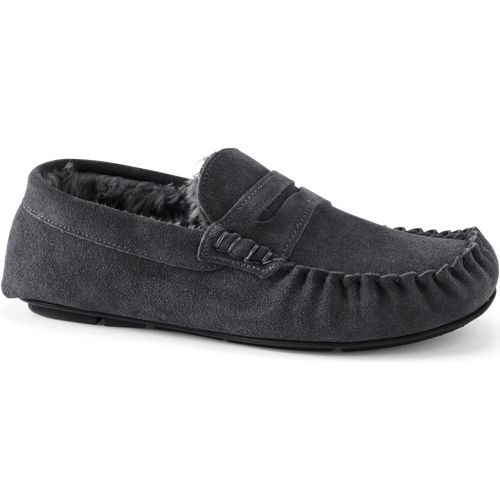Suede Moccasin Slippers, Men, size: 7, regular, Grey, Polyester, by Lands' End