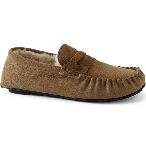 Suede Moccasin Slippers, Men, size: 7, regular, Brown, Polyester, by Lands' End