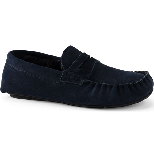 Suede Moccasin Slippers, Men, size: 9, regular, Blue, Polyester, by Lands' End