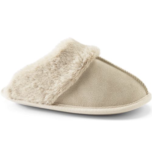 Suede Mule Slippers, Women, size: M, regular, Ivory, Polyester, by Lands' End