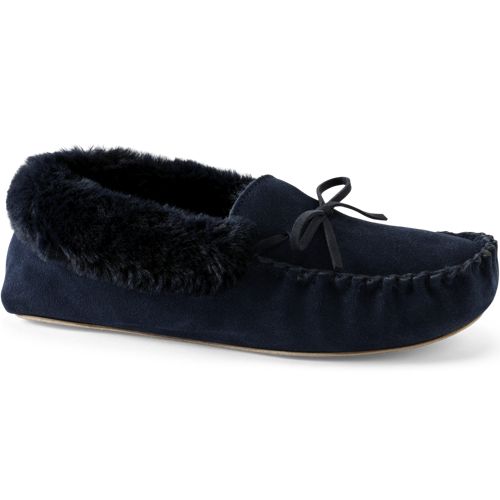 Suede Moccasin Slipper, Women, size: 6, regular, Blue, Polyester, by Lands' End