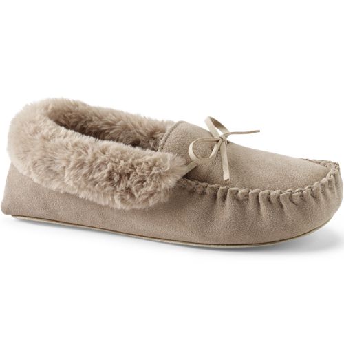 Suede Moccasin Slipper, Women, size: 4, regular, Brown, Polyester, by Lands' End