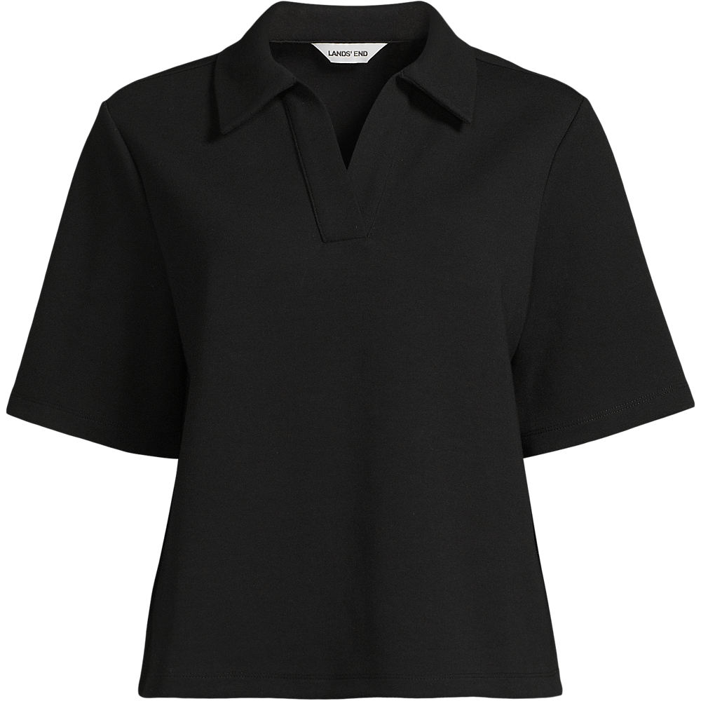 Soft Luxe Open Collar Polo Shirt, Women, size: S, petite, Black, Cotton/Polyester/Poly-blend, by Lands' End