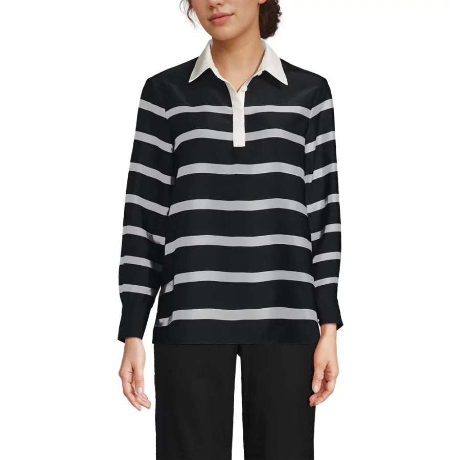 School Uniform Women's Charmeuse Long Sleeve Contrast Collar Blouse