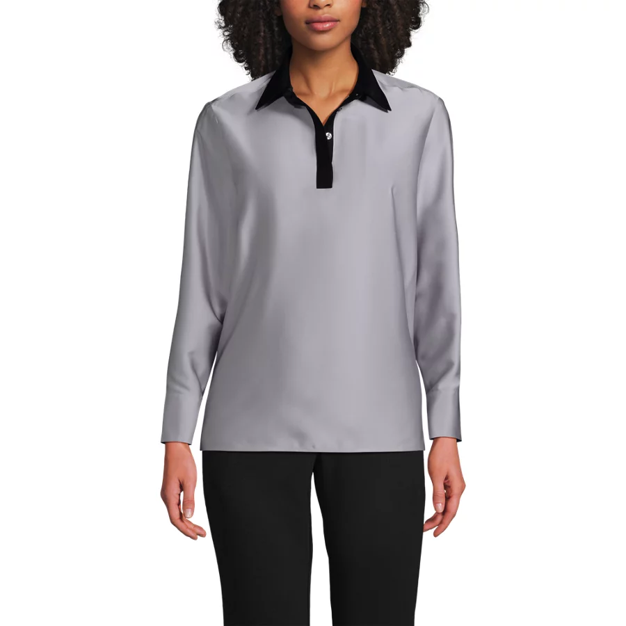 School Uniform Women's Charmeuse Long Sleeve Contrast Collar Blouse view 4