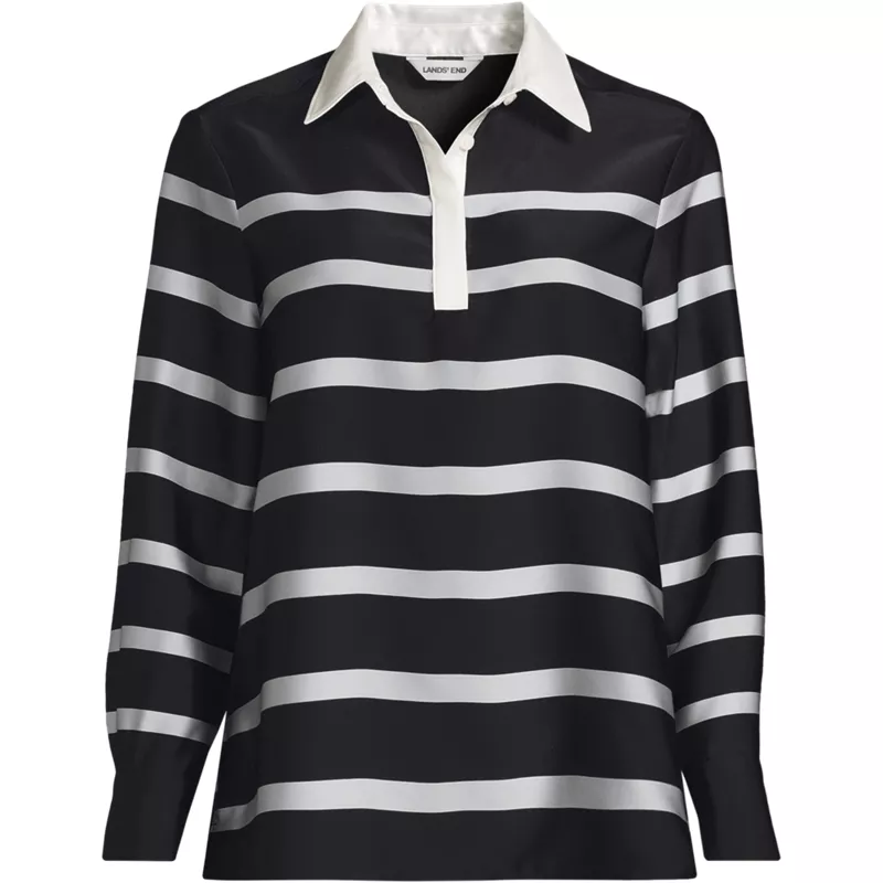 Women's Plus Charmeuse Long Sleeve Contrast Collar Blouse, Front