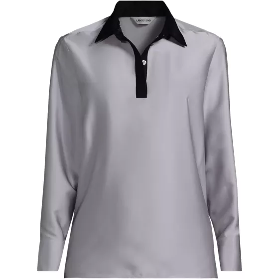 Women's Charmeuse Long Sleeve Contrast Collar Blouse - primary