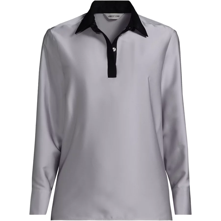 School Uniform Women's Charmeuse Long Sleeve Contrast Collar Blouse view 1