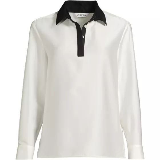 Women's Charmeuse Long Sleeve Contrast Collar Blouse - primary