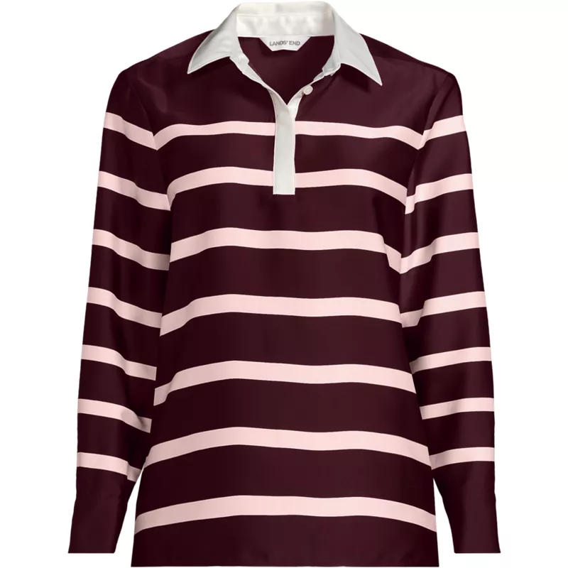 Women's Plus Charmeuse Long Sleeve Contrast Collar Blouse, Front