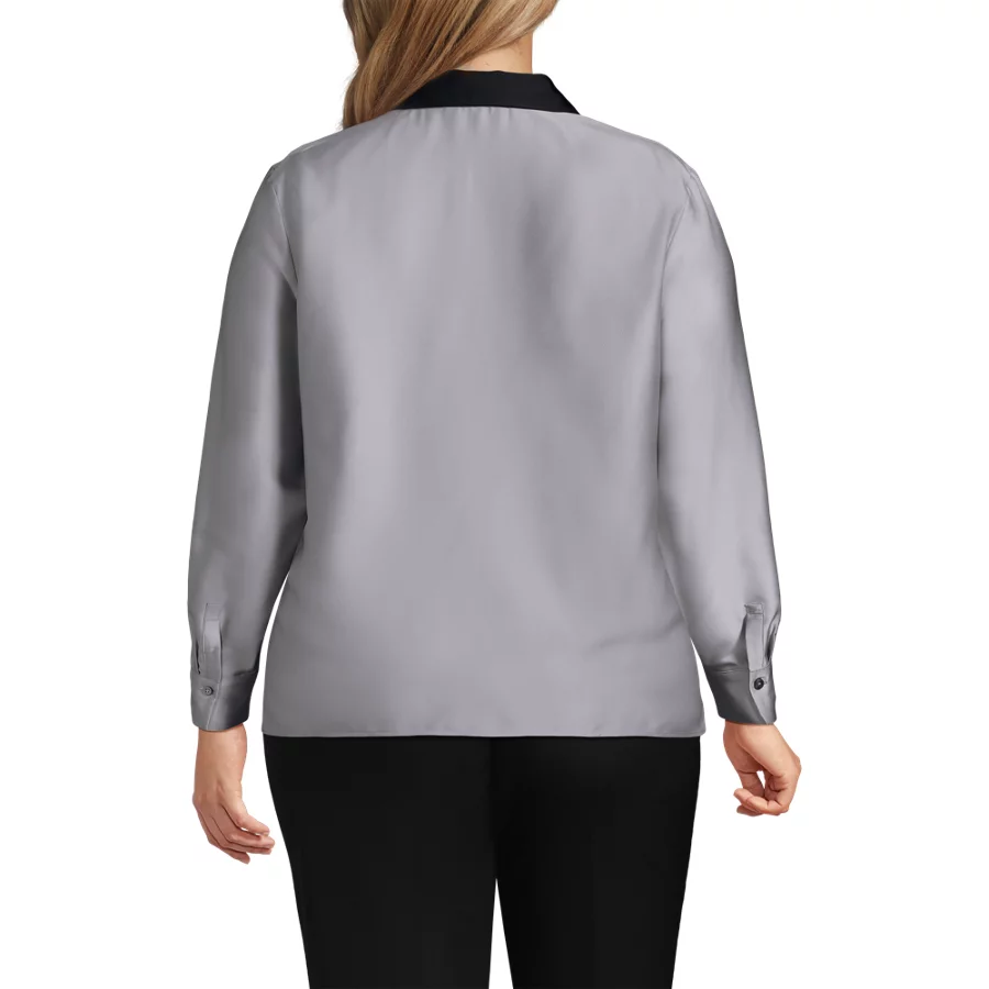 School Uniform Women's Charmeuse Long Sleeve Contrast Collar Blouse view 3