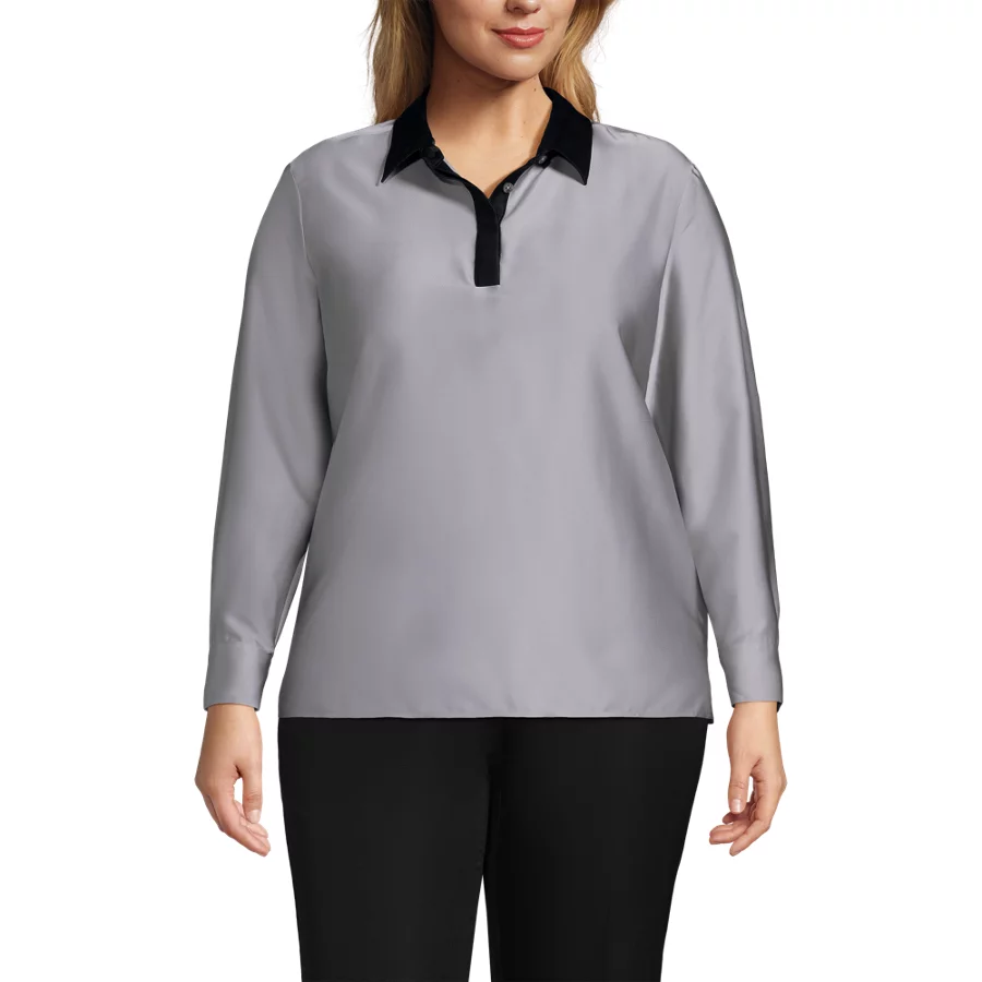 School Uniform Women's Charmeuse Long Sleeve Contrast Collar Blouse view 2
