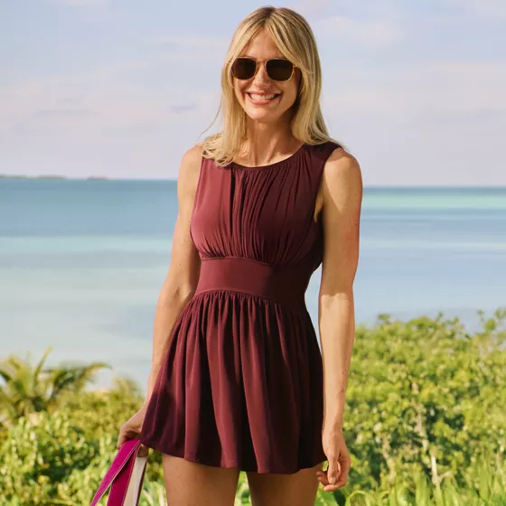 Women's High Neck Ruched Swim Dress - primary