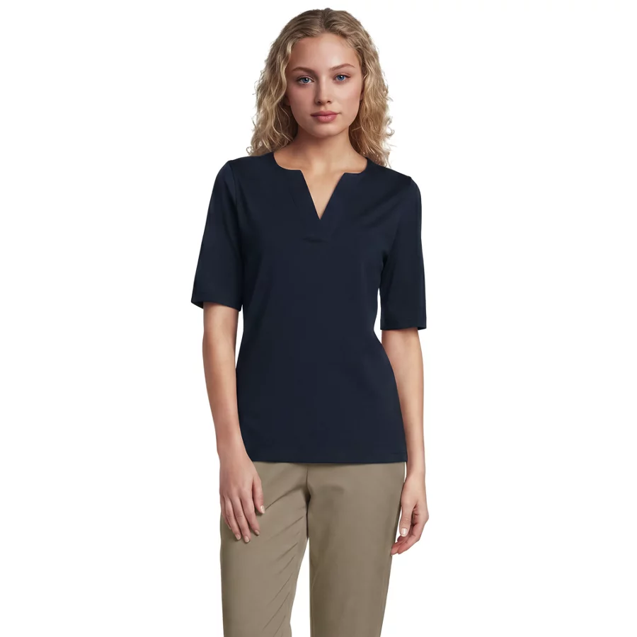 School Uniform Women's Supima Jersey Half Sleeve Splitneck Shirt view 2