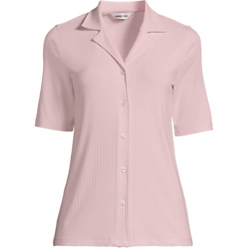 Women's Drop Needle Rib Half Sleeve Button Front Top | Lands' End