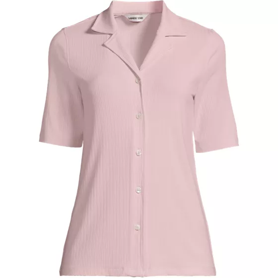 School Uniform Women's Drop Needle Rib Half Sleeve Button Front Top - primary