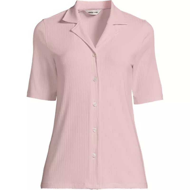 Women's Plus Drop Needle Rib Half Sleeve Button Front Top, Front