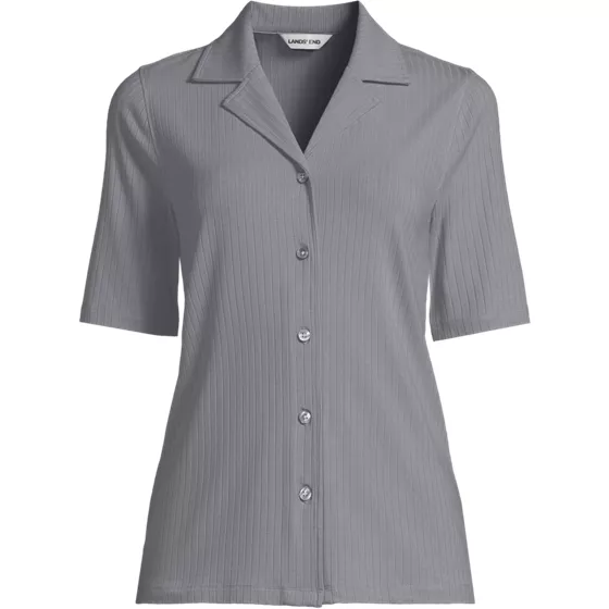 Women's Plus Drop Needle Rib Half Sleeve Button Front Top - primary