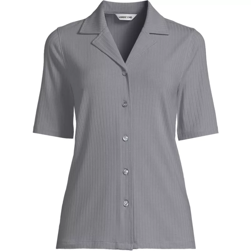 Women's Drop Needle Rib Half Sleeve Button Front Top, Front