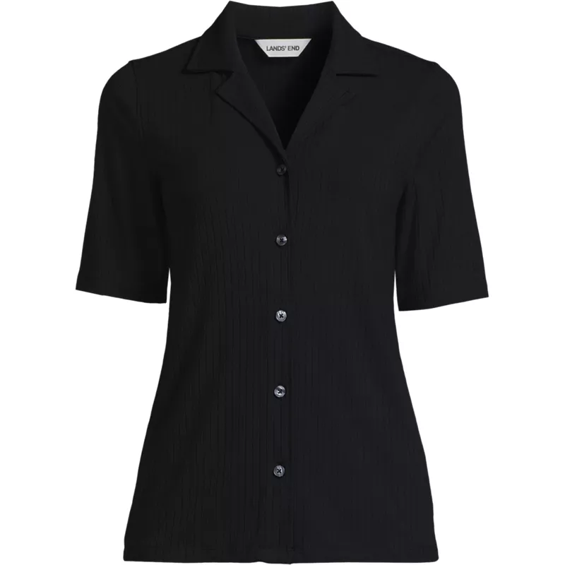 Women's Drop Needle Rib Half Sleeve Button Front Top, Front