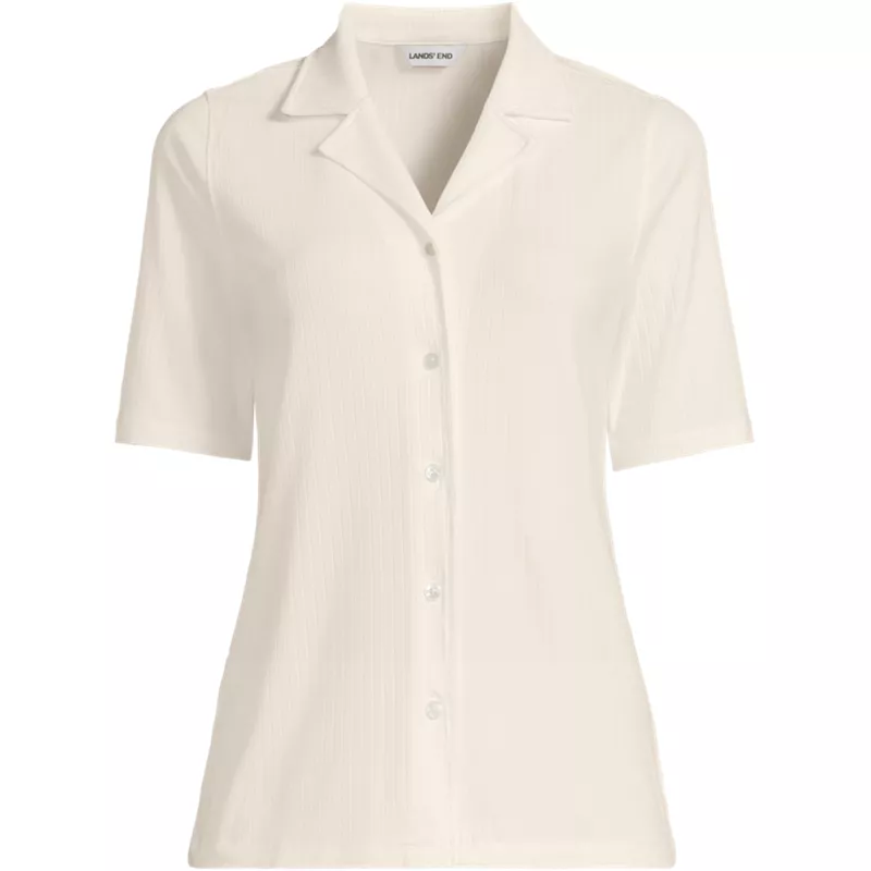 Women's Plus Drop Needle Rib Half Sleeve Button Front Top, Front