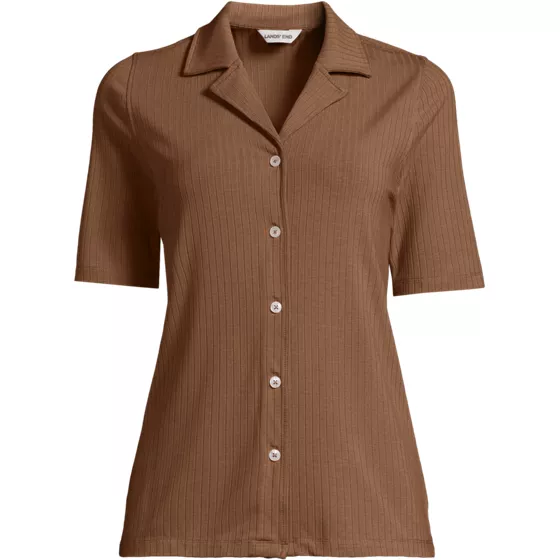 School Uniform Women's Drop Needle Rib Half Sleeve Button Front Top - primary
