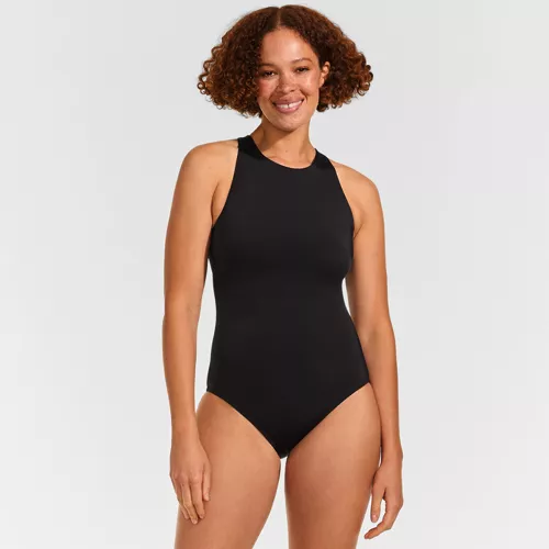 Women's Mastectomy Tugless High Neck Portrait Back One Piece Swimsuit, Front