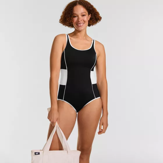 Women's Tugless Scoop Neck Colorblock Low Leg One Piece - primary