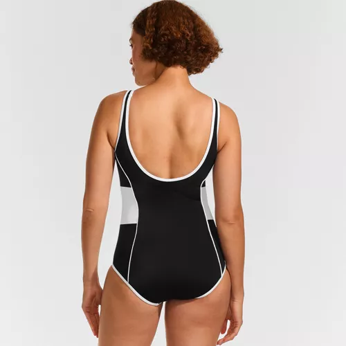 Women's Tugless Scoop Neck Colorblock Low Leg One Piece, Back