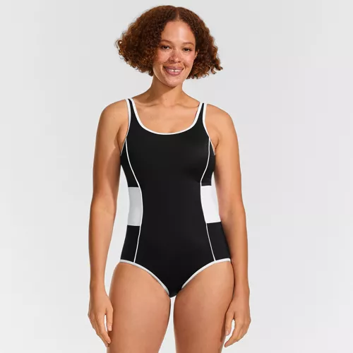 Women's Tugless Scoop Neck Colorblock Low Leg One Piece, Front