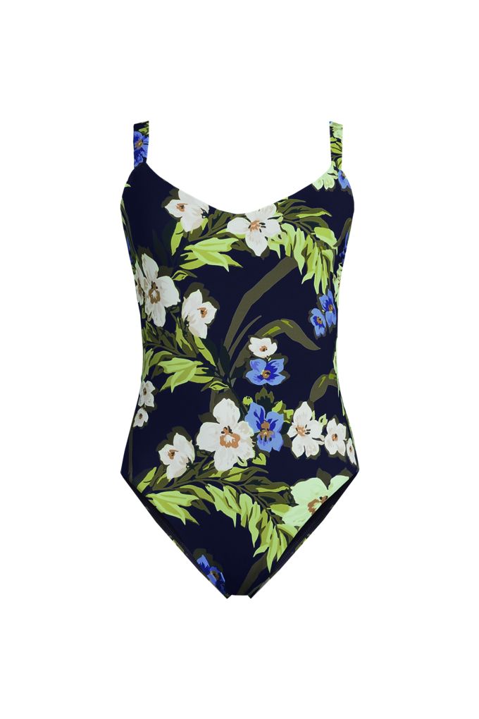 Women's Long Torso V-Neck High Leg Strappy Back One Piece - Lands' End - Blue - 14