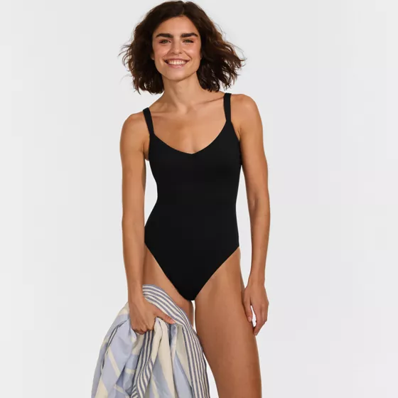 Women's Long Torso V-neck High Leg Strappy Back One Piece - primary