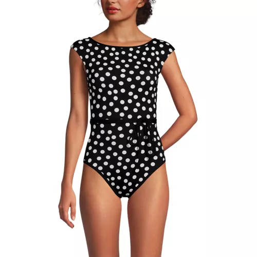 Women's High Neck Cap Sleeve Tie Belt One Piece Swimsuit, Front