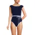 Women's High Neck Cap Sleeve Tie Belt One Piece Swimsuit, Front