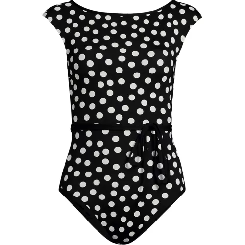 Women's High Neck Cap Sleeve Tie Belt One Piece Swimsuit, Front