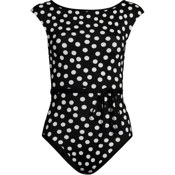 Women's High Neck Cap Sleeve Tie Belt One Piece Swimsuit - primary