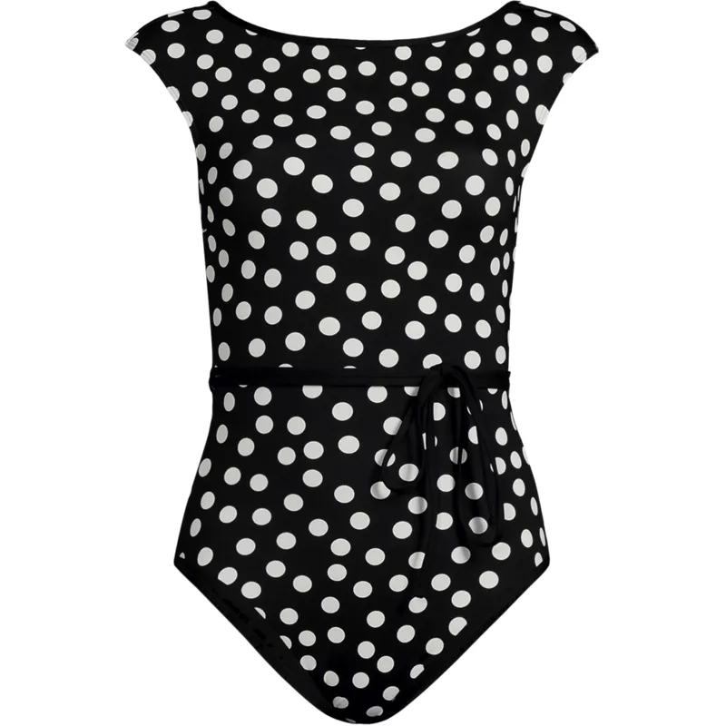Women's High Neck Cap Sleeve Tie Belt One Piece Swimsuit, Front