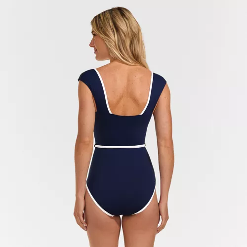 Women's High Neck Cap Sleeve Tie Belt One Piece Swimsuit, Back