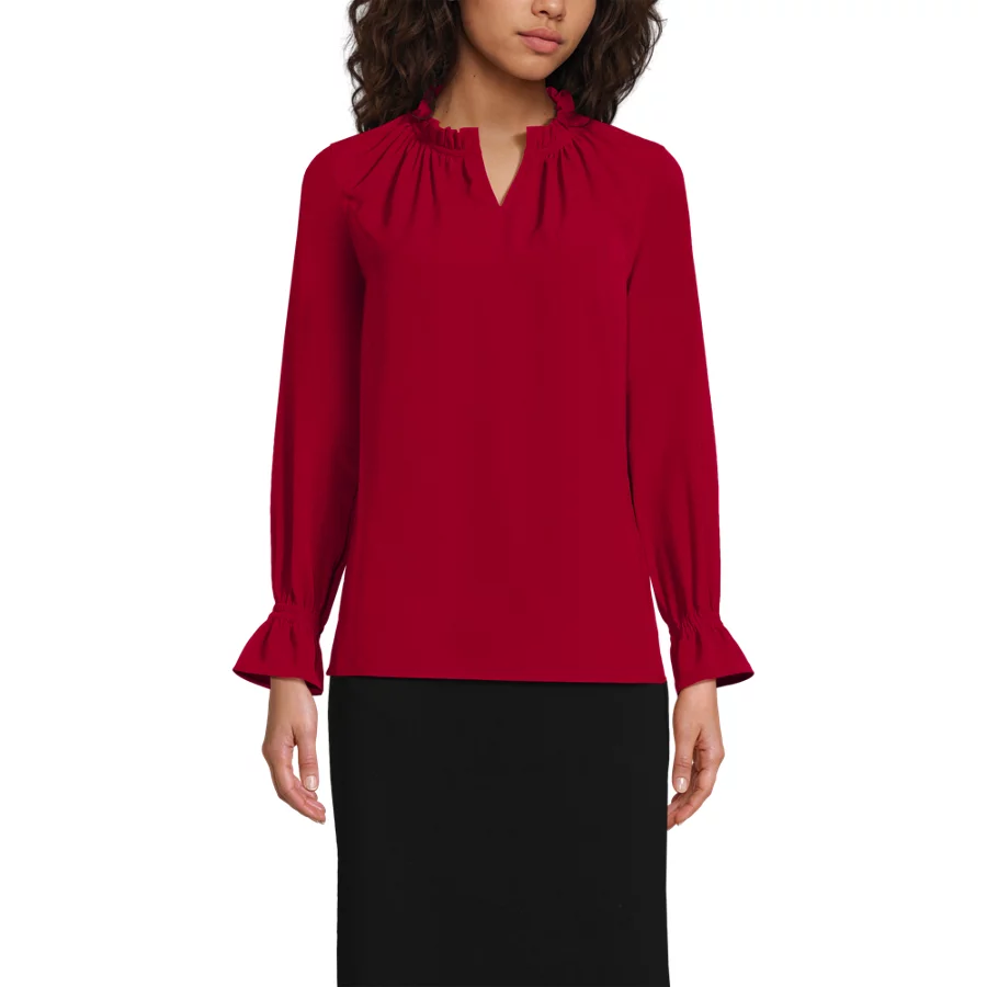 School Uniform Women's Crepe Long Sleeve Convertible Ruffle Collar Blouse view 4