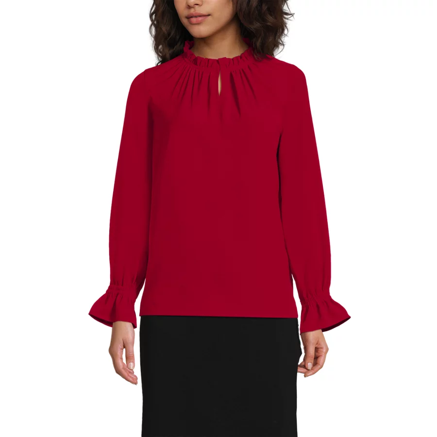 School Uniform Women's Crepe Long Sleeve Convertible Ruffle Collar Blouse view 1