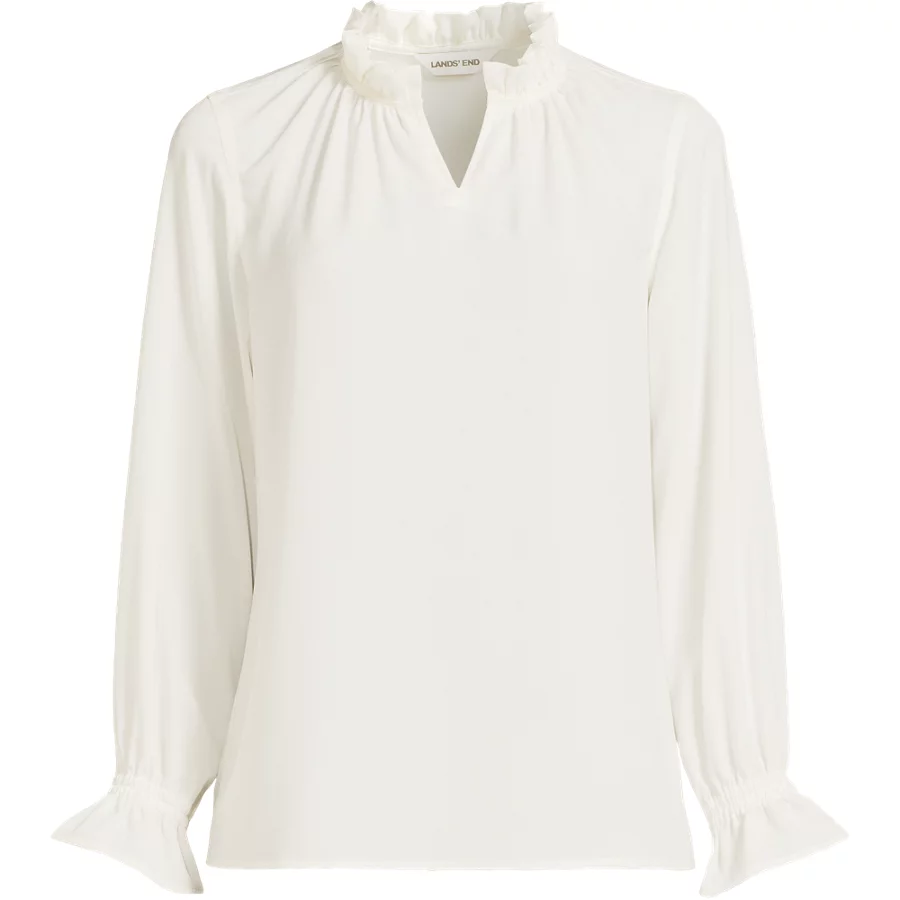 School Uniform Women's Crepe Long Sleeve Convertible Ruffle Collar Blouse