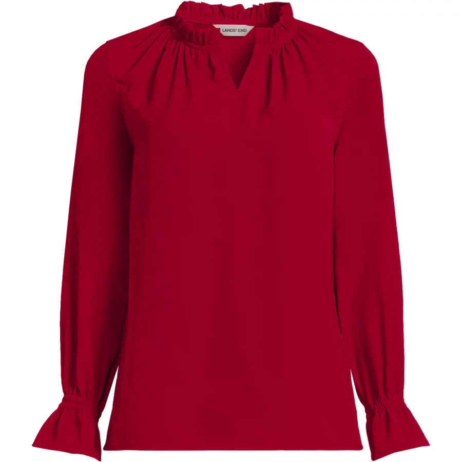 School Uniform Women's Crepe Long Sleeve Convertible Ruffle Collar Blouse view 2