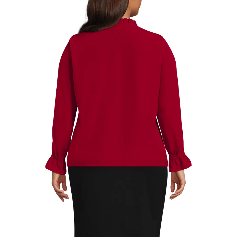 School Uniform Women's Crepe Long Sleeve Convertible Ruffle Collar Blouse view 7