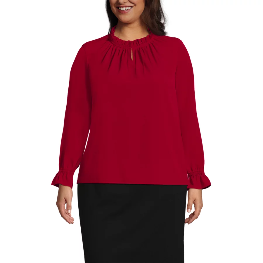School Uniform Women's Crepe Long Sleeve Convertible Ruffle Collar Blouse view 6