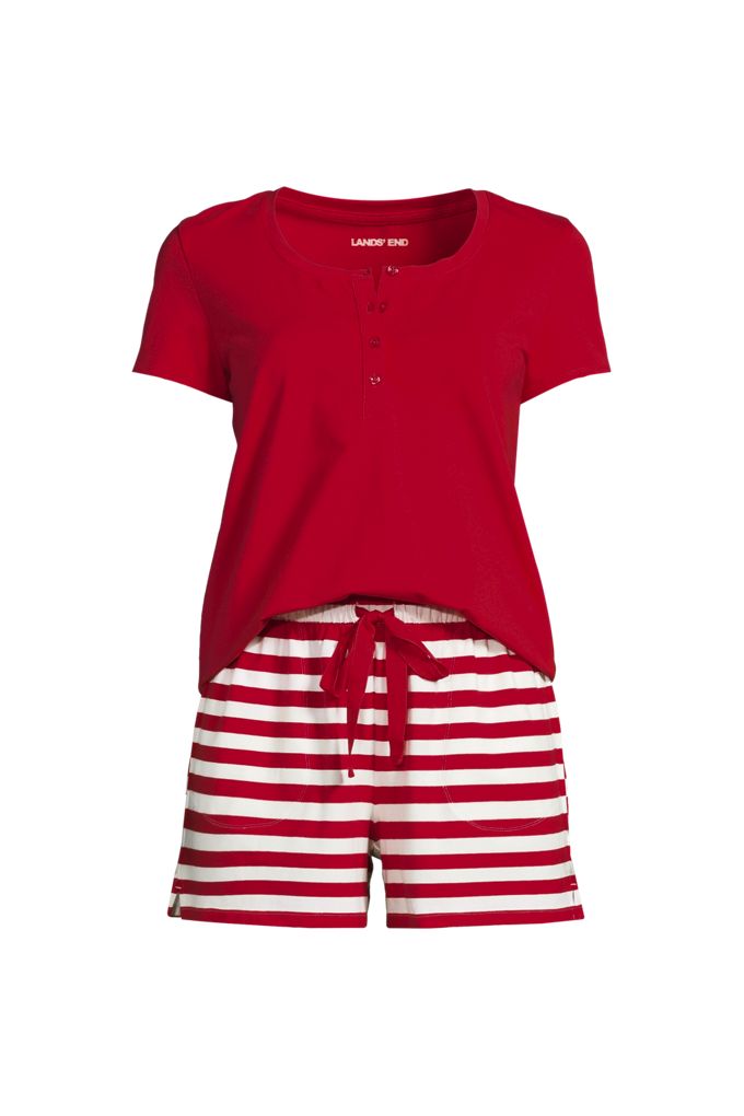 Women's Knit 2 Piece Pajama Set - Short Sleeve Top and Shorts - Lands' End - Red - S