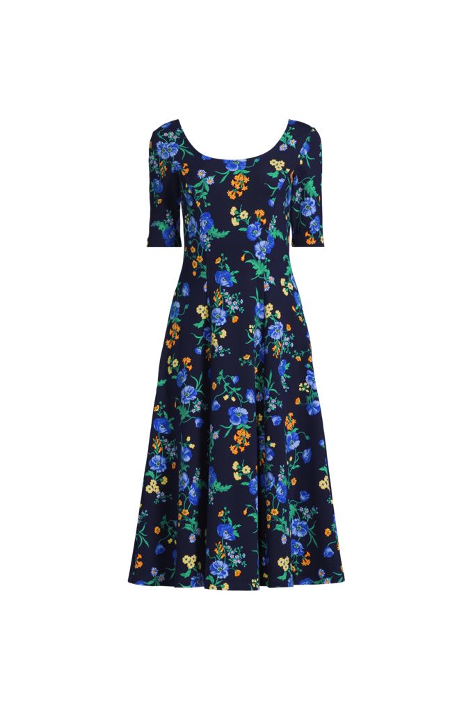 Lands' End Women's Plus Size Starfish Elbow Sleeve Midi Fit And Flare Dress In Blue