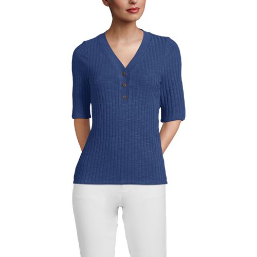  Lands' End Rippstrick-henleyshirt Mit Halblangen ärmeln, Damen, Größe:32-34 Regular, Blau, Elasthan/baumwoll-mischung/polyester-mischung, By Lands' End 