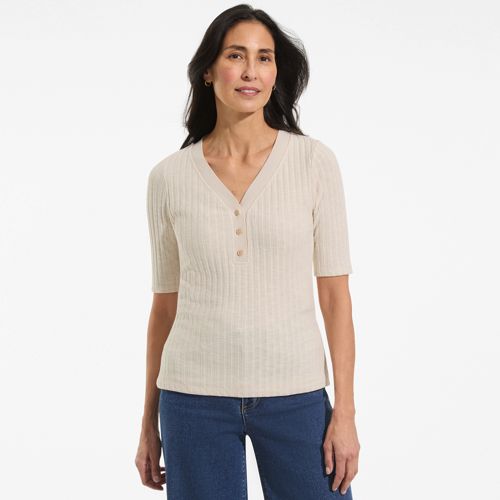  Lands' End Rippstrick-henleyshirt Mit Halblangen ärmeln, Damen, Größe:32-34 Regular, Beige, Elasthan/baumwoll-mischung/polyester-mischung, By Lands' End 