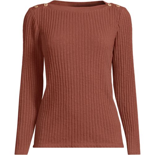Long Sleeve Rib Knit Boatneck Top, Women, size: 1X, plus, Brown, Spandex/Cotton-blend/Poly-blend, by Lands' End