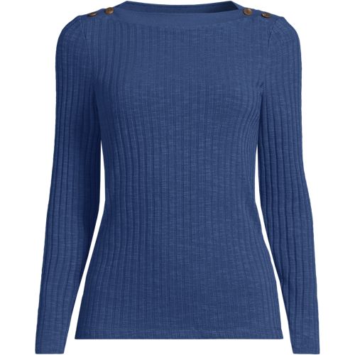 Long Sleeve Rib Knit Boatneck Top, Women, size: 2X, plus, Blue, Spandex/Cotton-blend/Poly-blend, by Lands' End